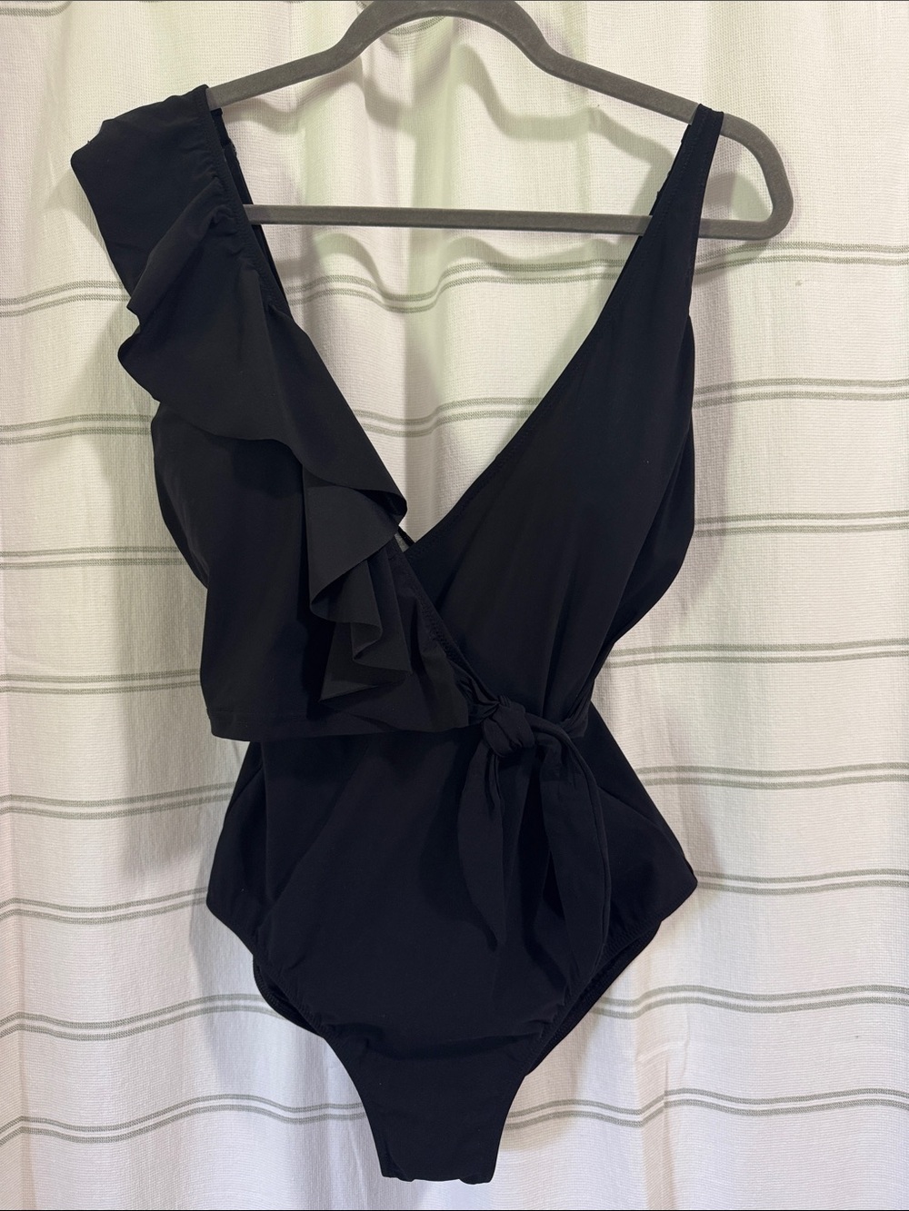 Womans Black One-Piece Swimsuit with Ruffle and Side Tie